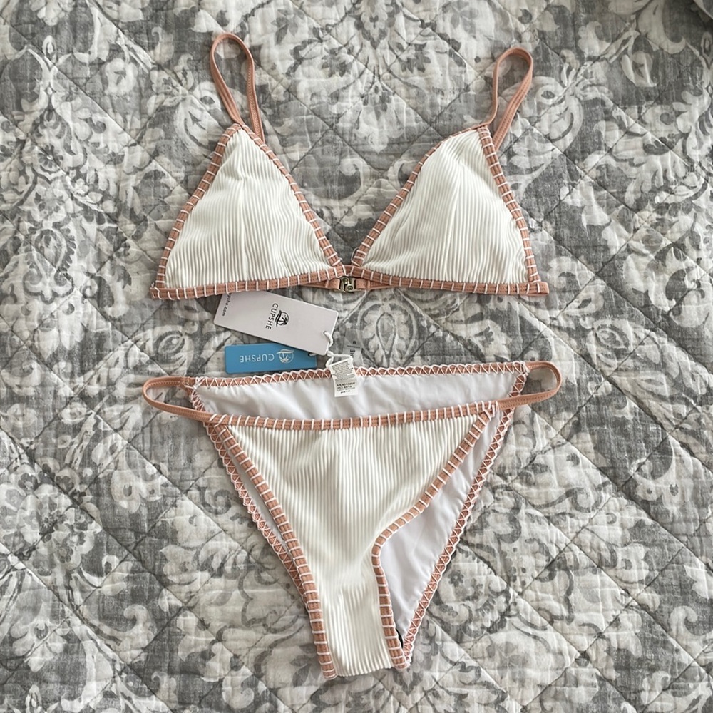 White and tan crochet bikini